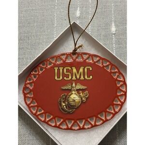 USMC Red & Gold Ceramic Oval Christmas Ornament Made In U.S.A.